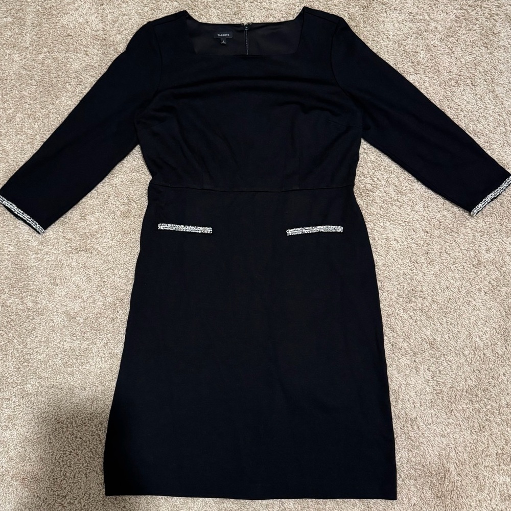 Talbots Black Dress Size 8 Tweed Trim Sheath Ponte Dress Square Neck